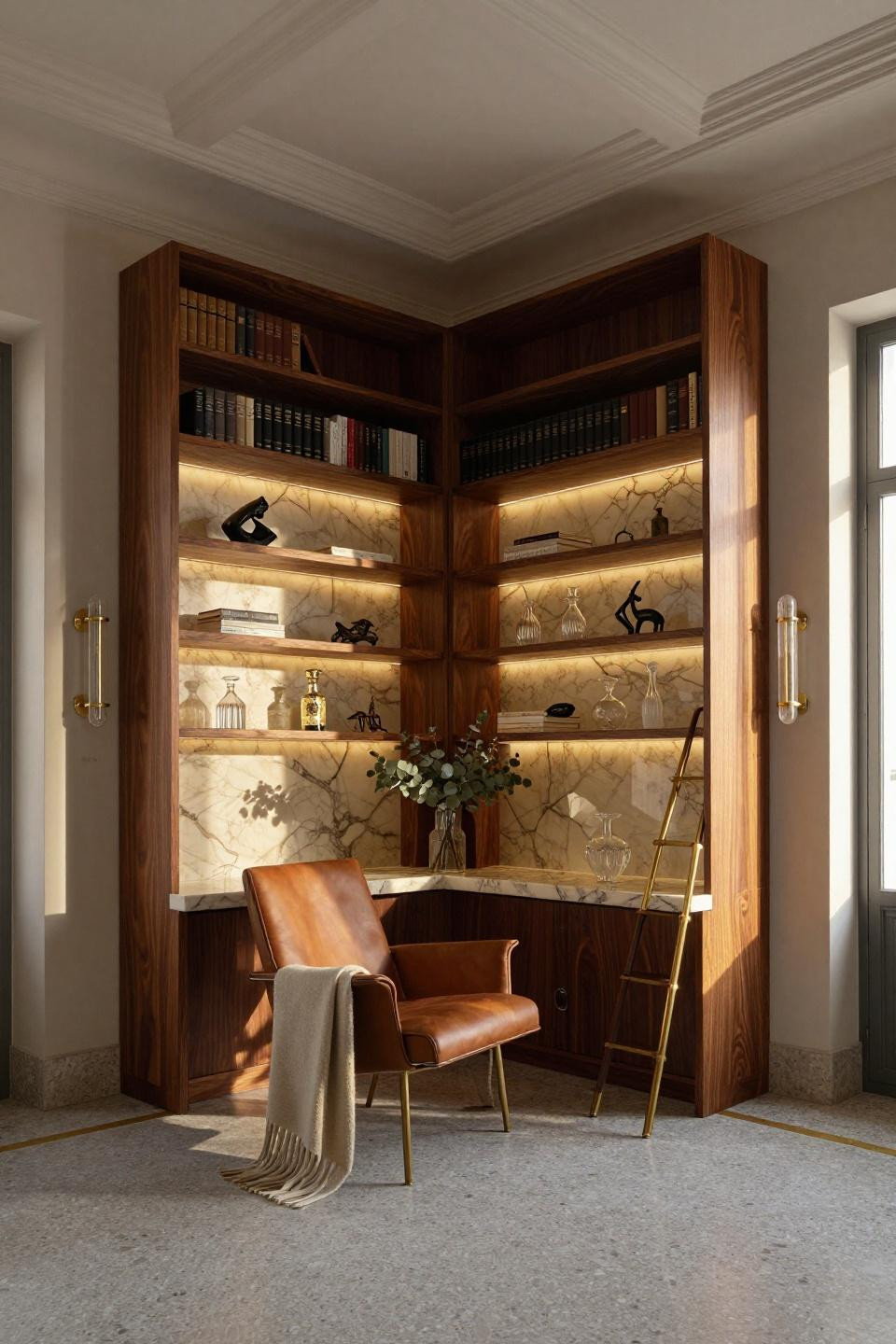 Small corner bookshelf with book-matched walnut burl and Calacatta Gold marble