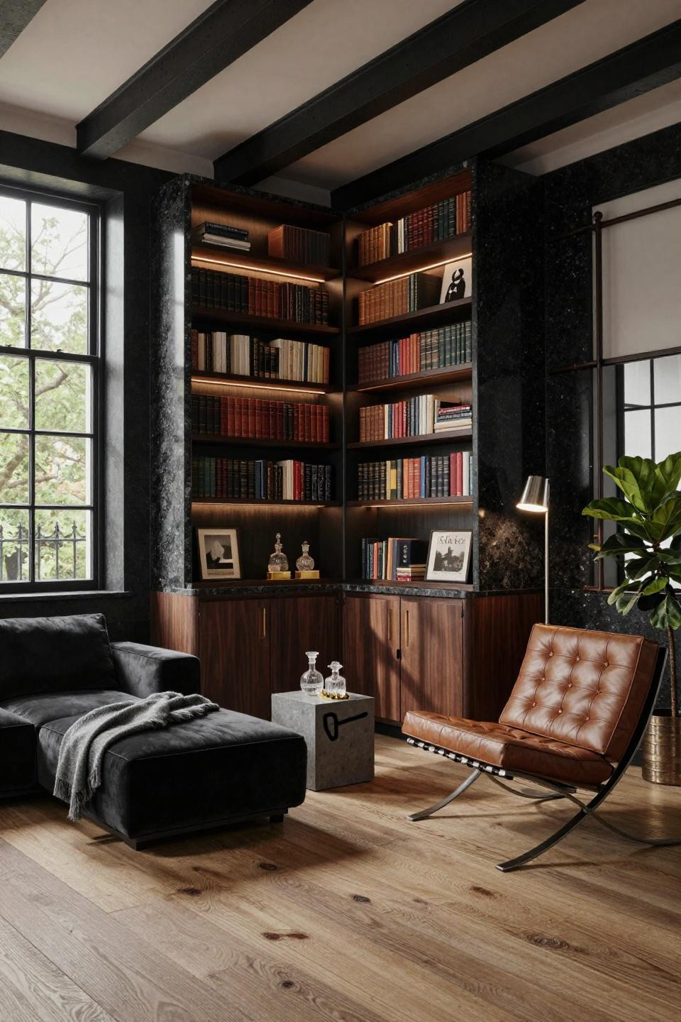 Small corner bookshelf with book-matched Black Galaxy granite and rotating shelves