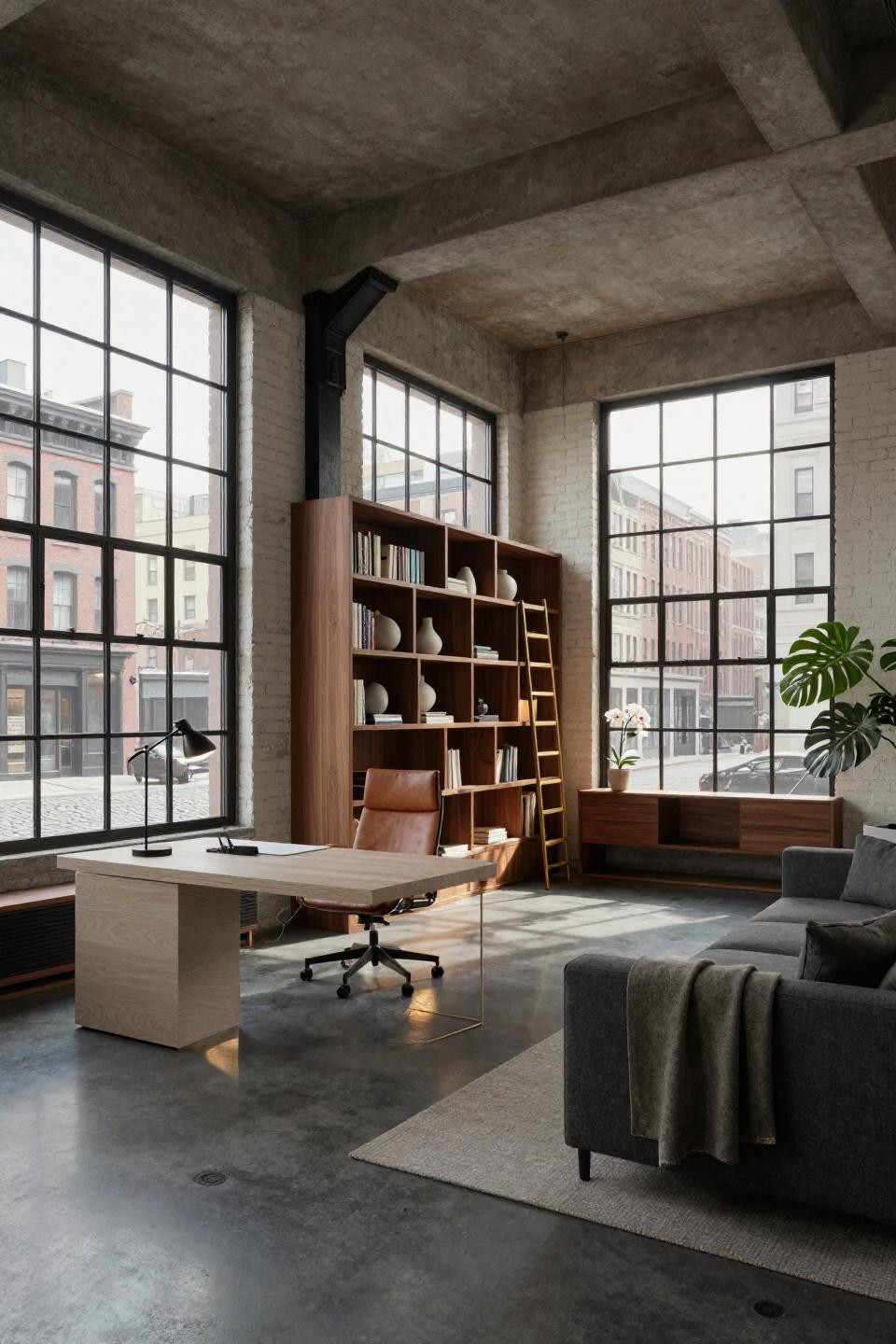 Small corner bookshelf with custom walnut shelving and blackened steel windows