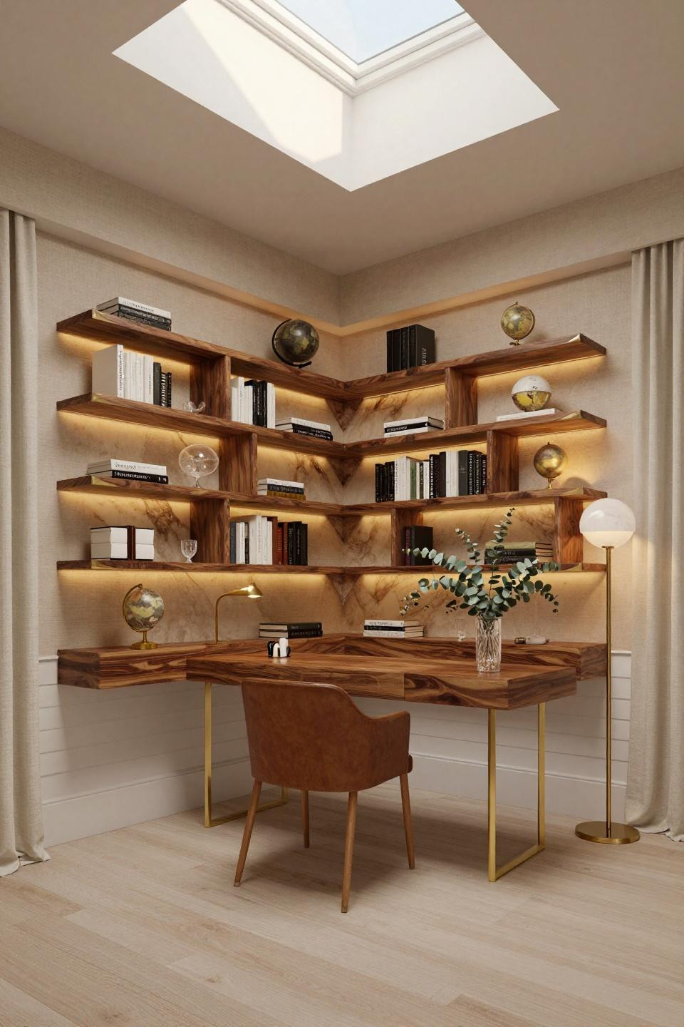 Small corner bookshelf with book-matched walnut burl and backlit onyx panels