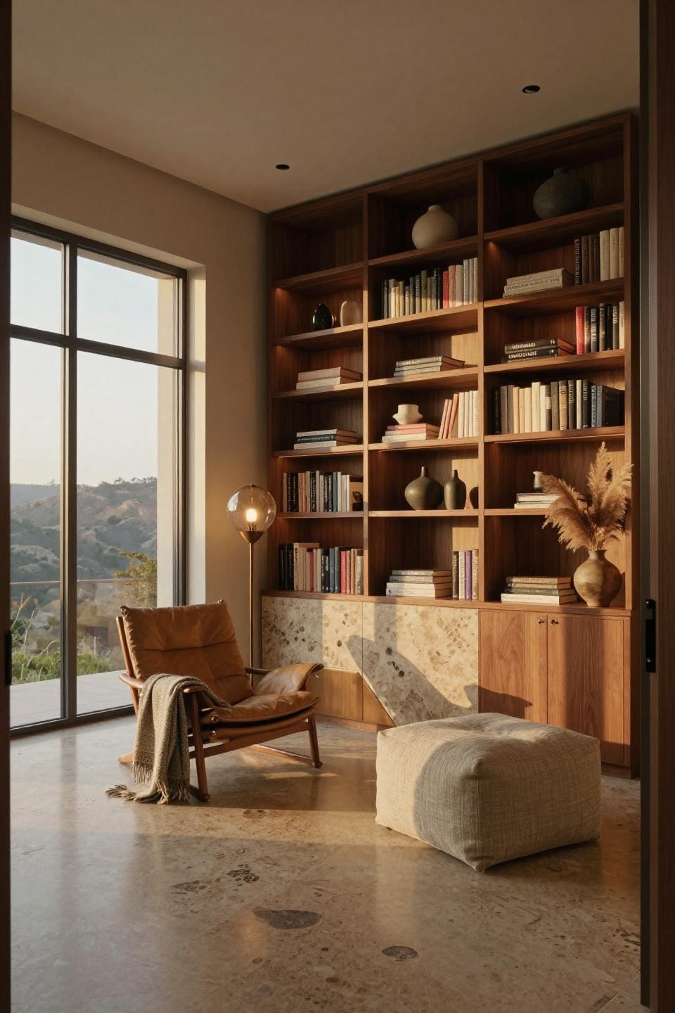 Small corner bookshelf with custom walnut shelving and travertine base