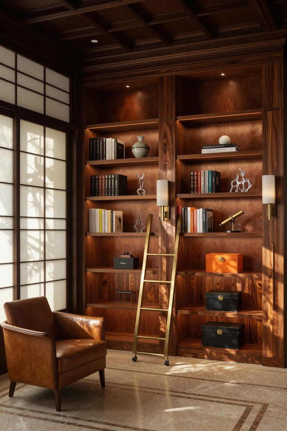Small corner bookshelf with book-matched rosewood burl and saddle leather backing