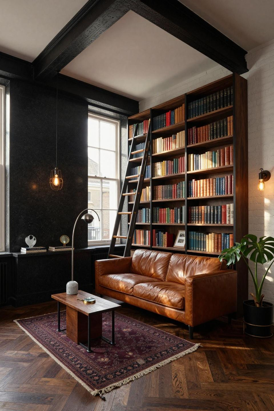 Bookshelf ideas for small spaces with blackened steel framework and walnut shelves