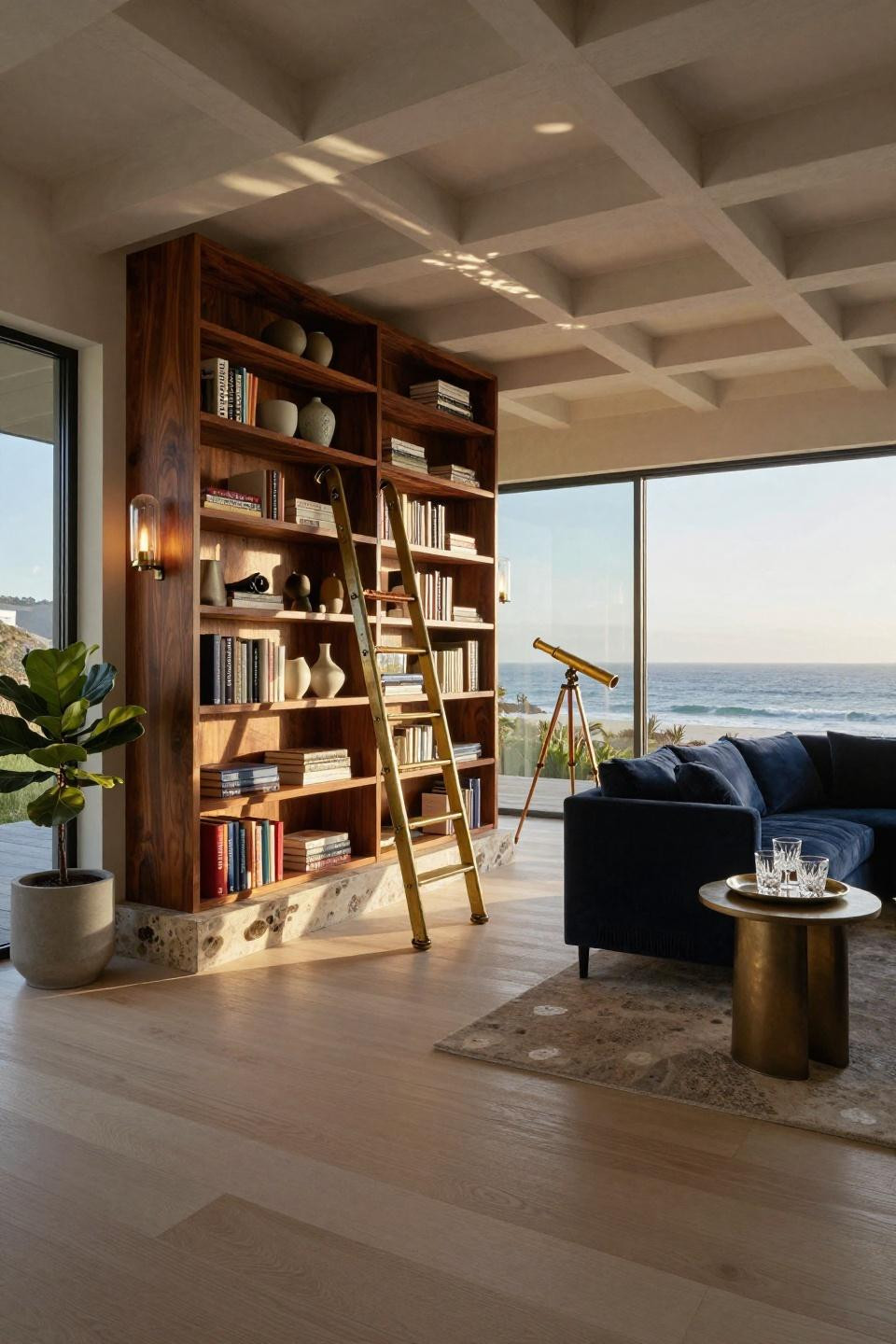 Corner shelving ideas with brass rolling ladder and polished limestone base