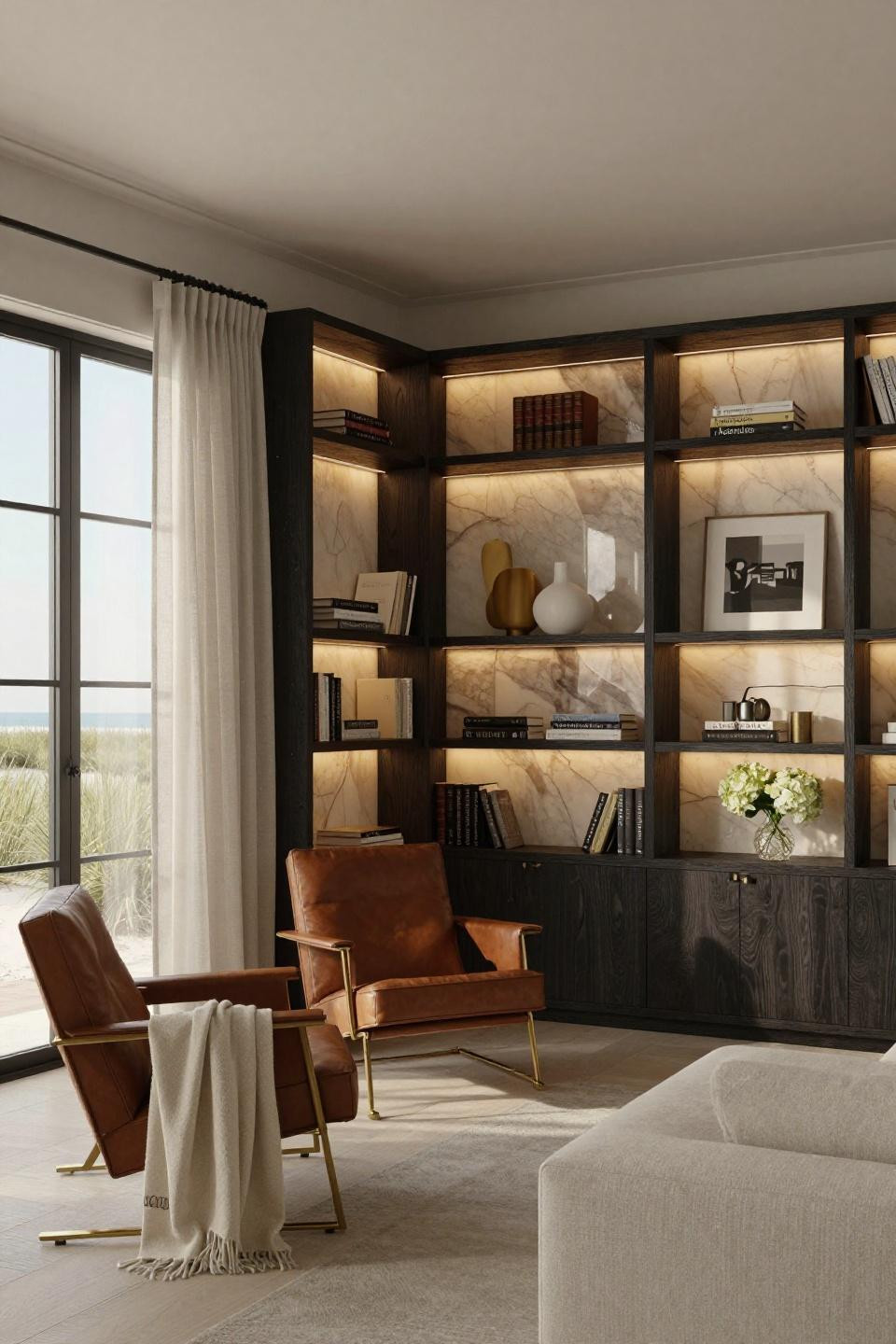 Diy corner bookshelf with backlit onyx panels and ebony wood millwork