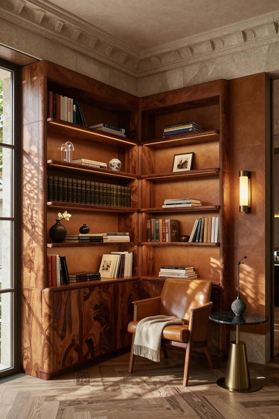 Corner bookshelf ideas with hand-carved walnut burl and leather-wrapped shelving edges