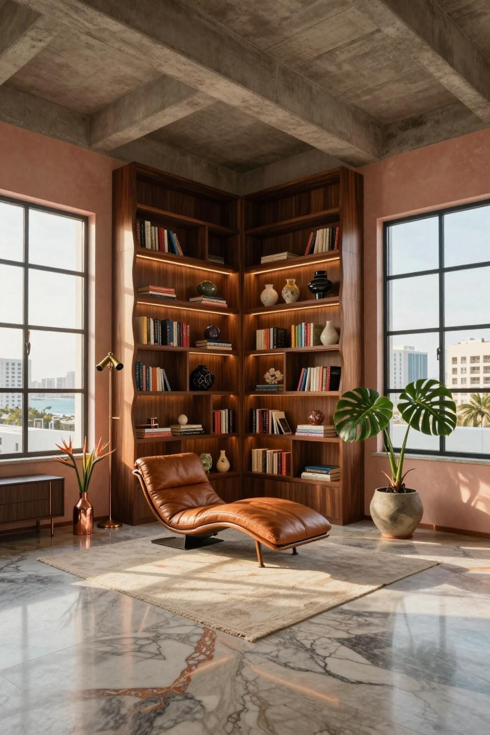Corner bookshelves living room with Brazilian walnut and museum LED lighting in Miami loft