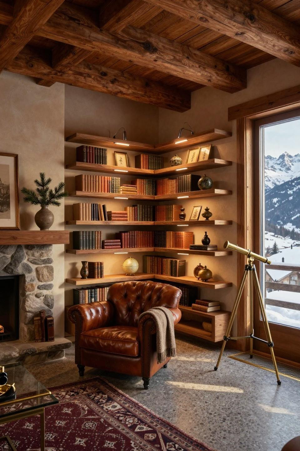 Small corner bookshelf with floating walnut shelves and museum lighting in Swiss Alpine chalet