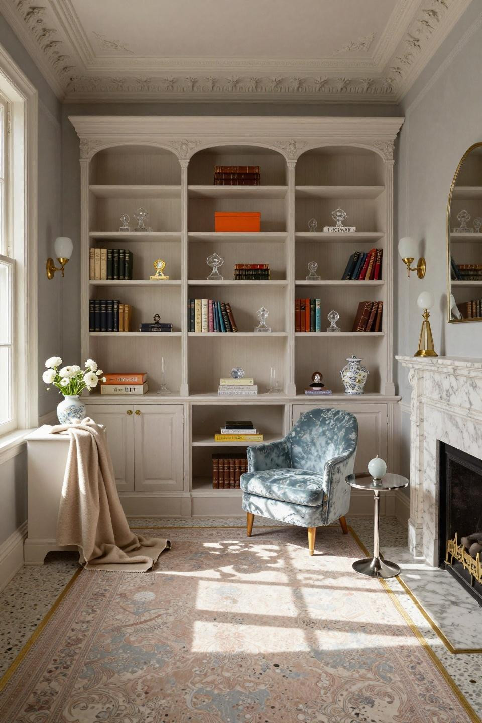 Nursery bookcase with white oak library nook in London townhouse