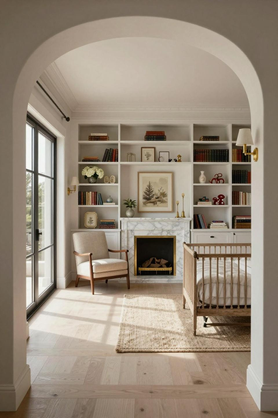 Nursery bookcase with painted white oak built-in in Pacific Palisades