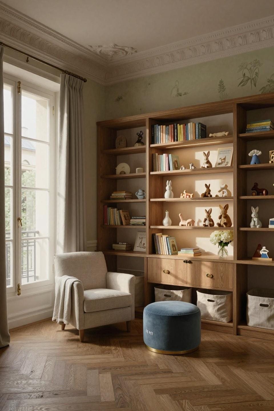 Nursery bookcase with cerused oak custom built-in in 6th arrondissement