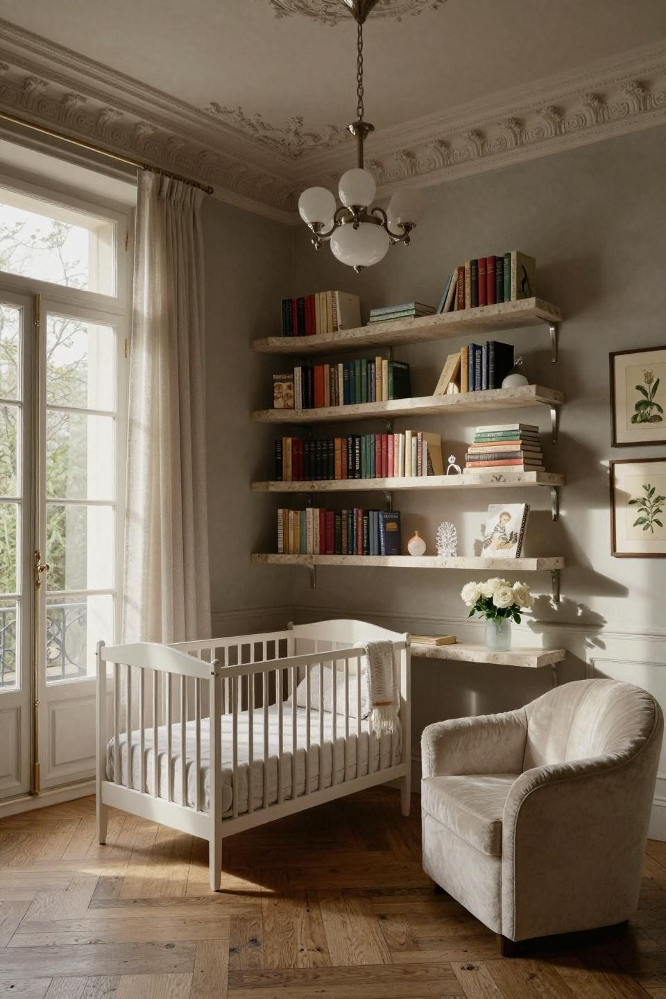 Nursery bookcase with limestone and polished nickel in 6th arrondissement