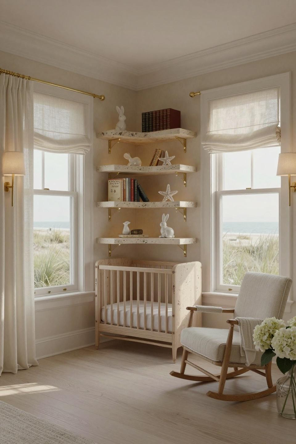 Nursery bookcase with limestone sculptural floating shelves in East Hampton