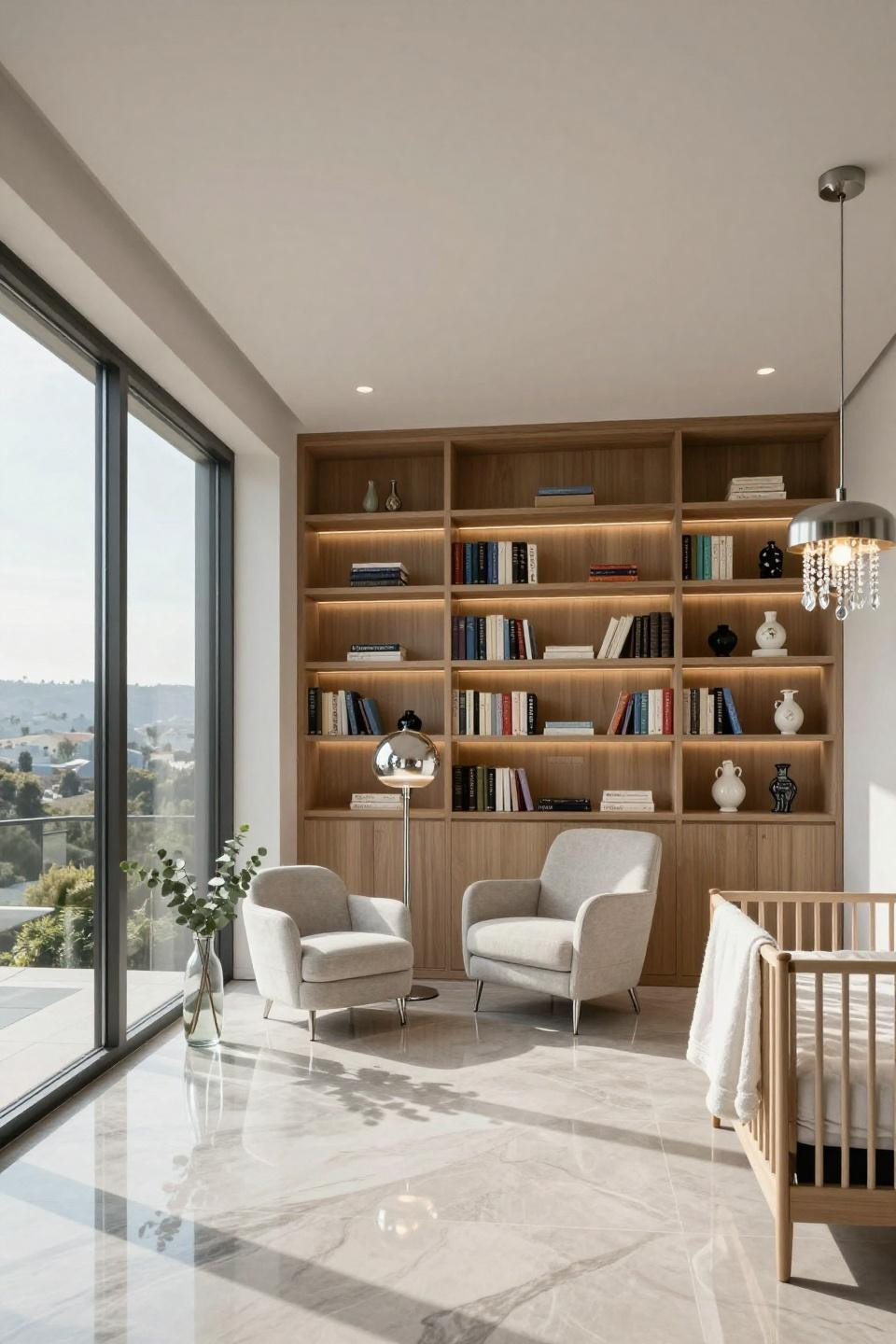Nursery bookcase with bleached ash millwork in Trousdale Estates penthouse