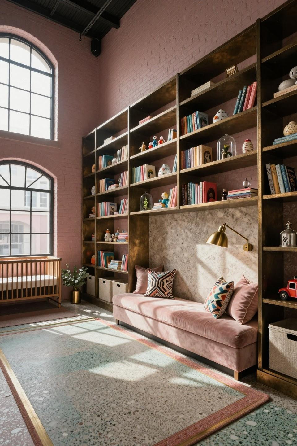 Nursery bookcase with aged bronze and travertine in South Beach loft