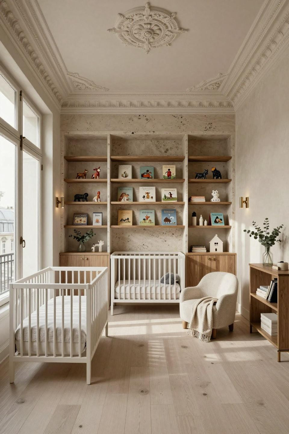 Nursery bookcase with French limestone custom built-in in 6th arrondissement