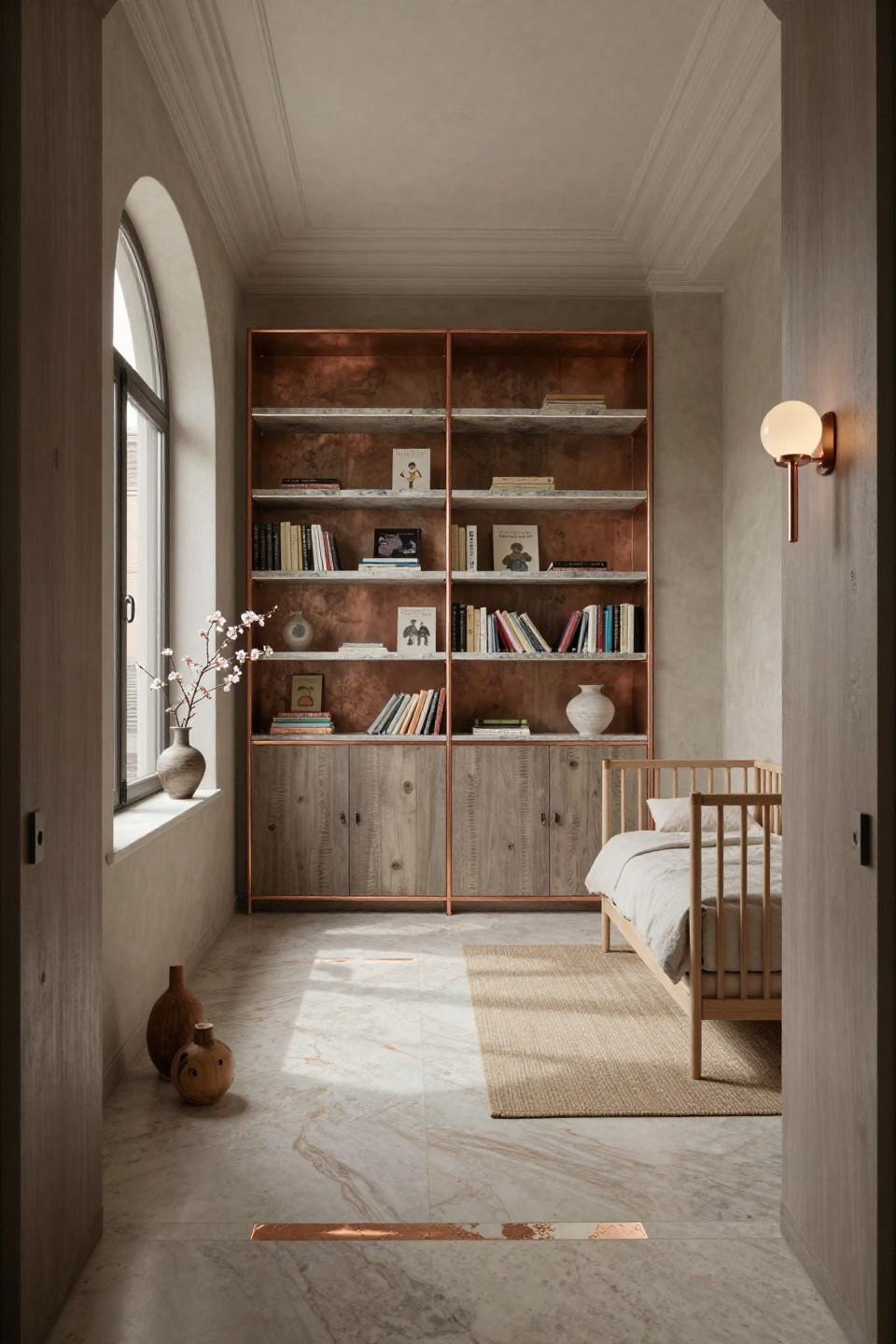 Nursery book storage with aged copper and quartzite in restored palazzo