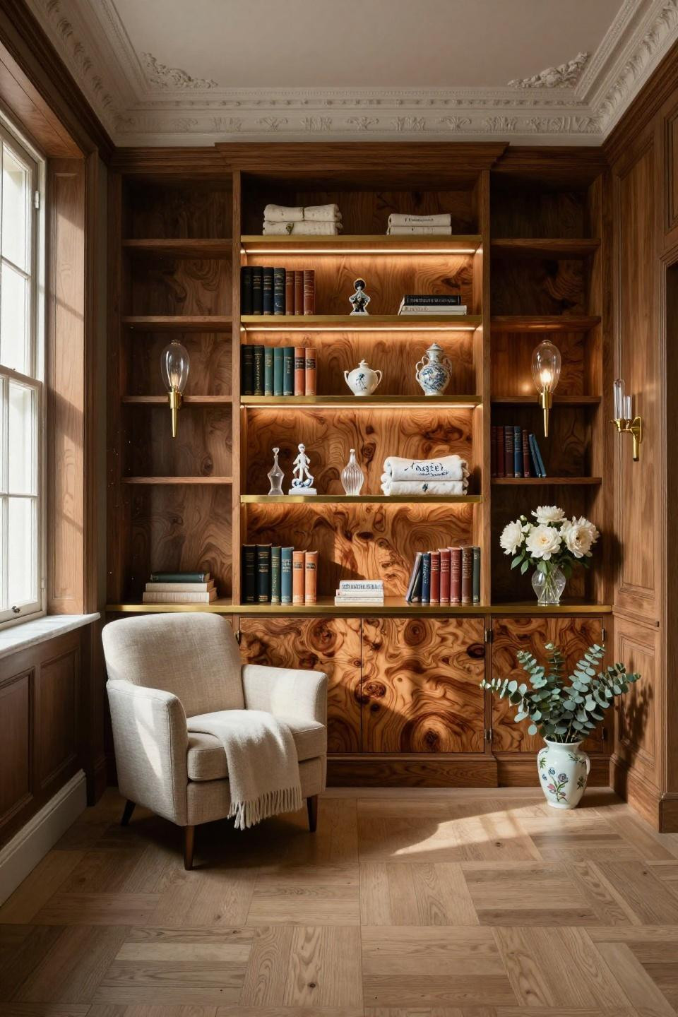 Nursery bookshelf ideas with walnut burl custom millwork in Kensington townhouse