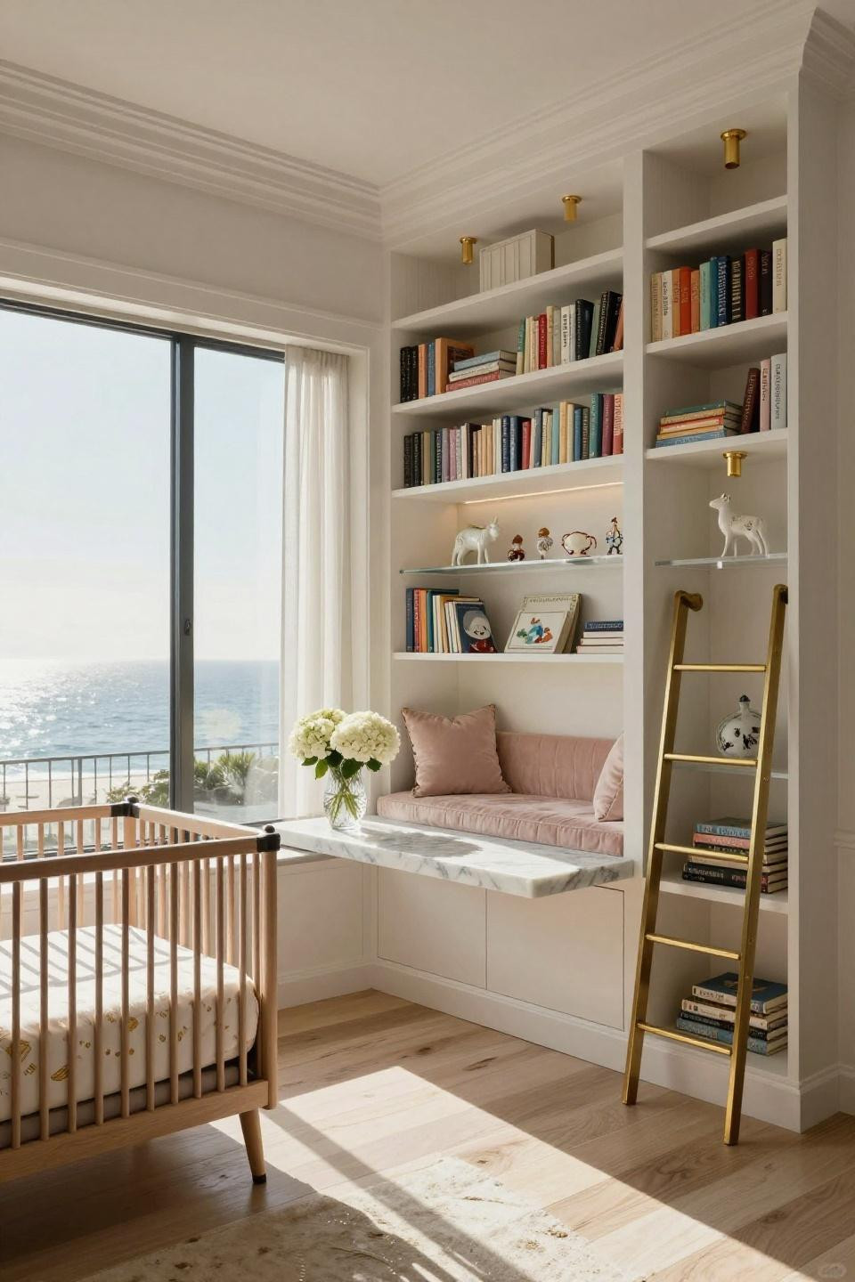 Baby room bookshelf with white oak custom built-in in Pacific Palisades