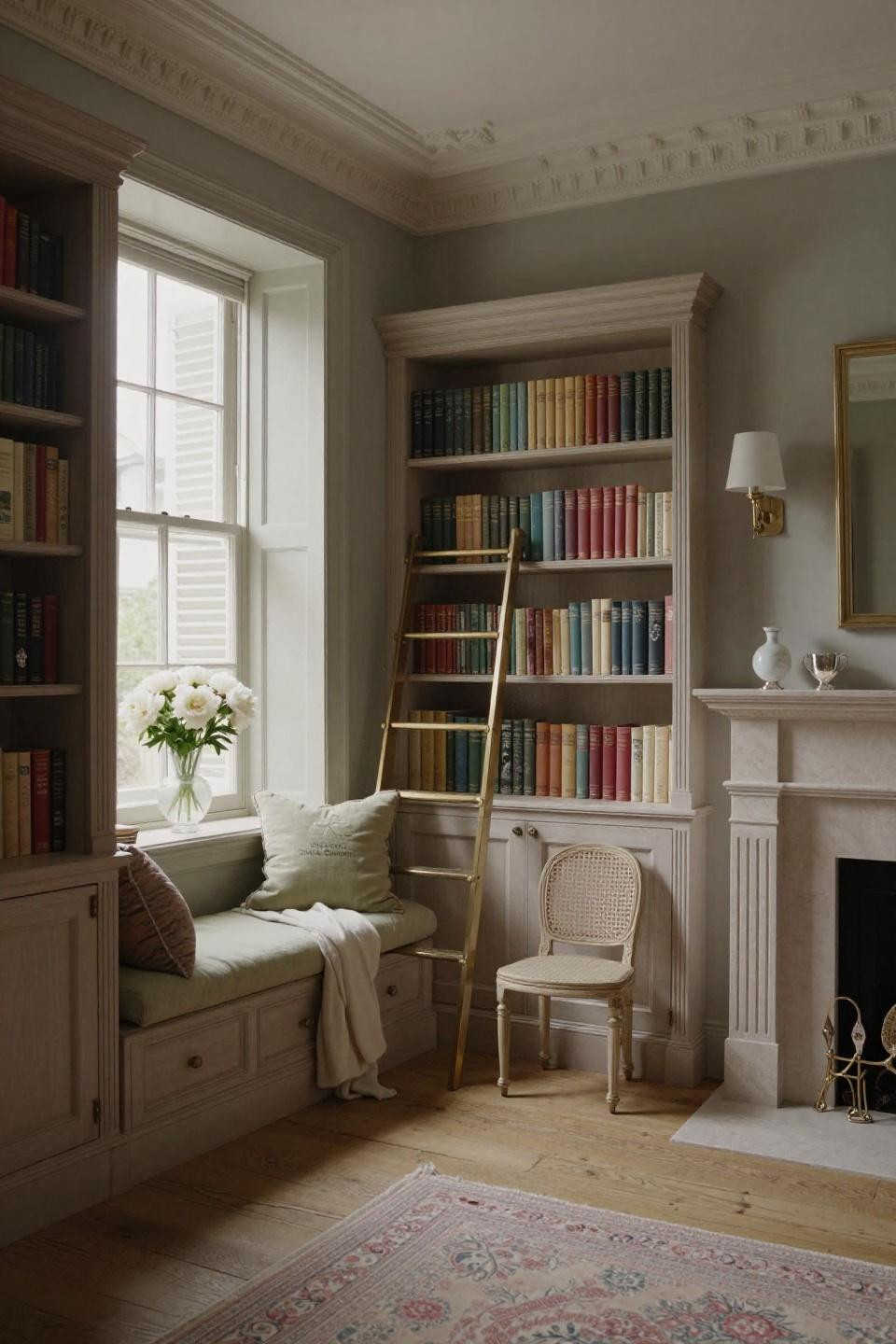 Nursery library with cerused white oak custom shelving in London townhouse