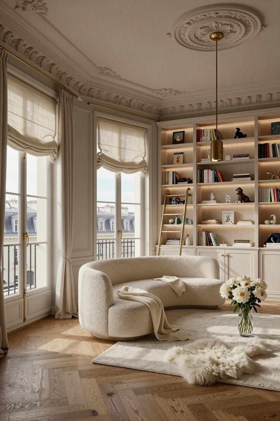 Nursery nook with limestone custom built-in in 8th arrondissement apartment