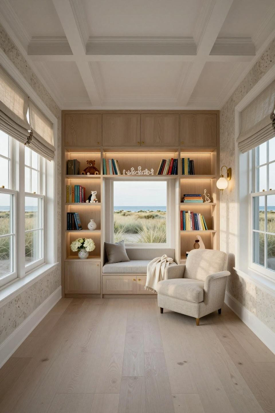 Nursery bookshelves with cerused white oak in East Hampton beach house