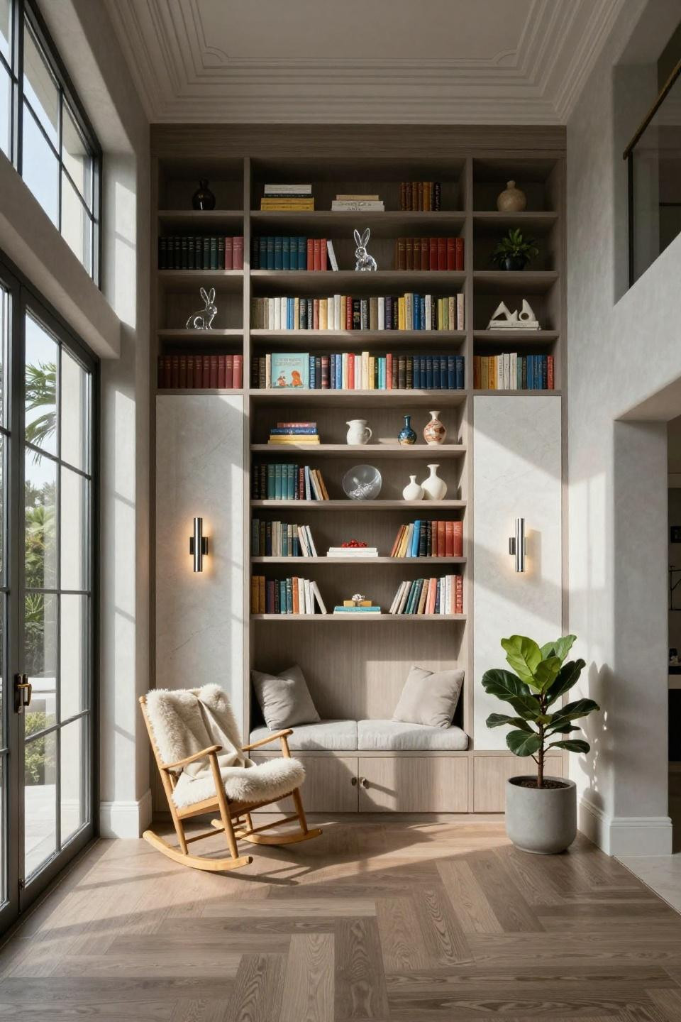 Nursery bookshelf decor with platinum-finished millwork in Trousdale Estates