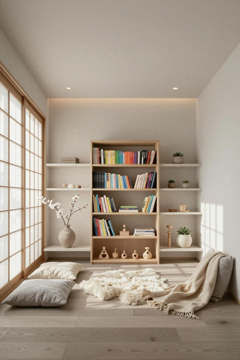 Nursery shelving ideas with pale oak floating shelves in minimalist Tokyo nursery