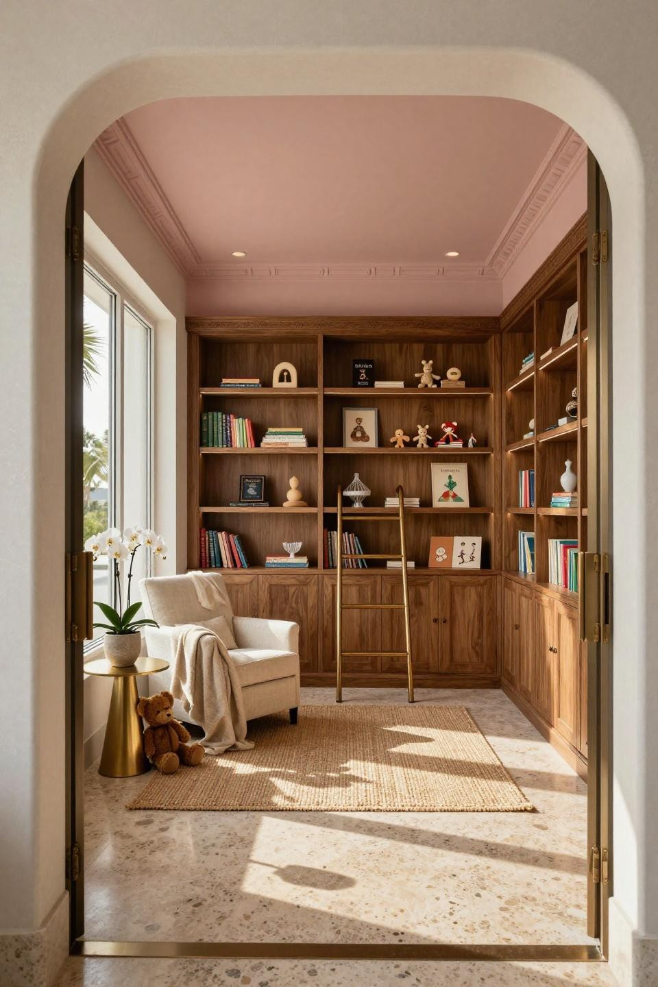 Children bookshelf with cerused oak custom millwork in Art Deco nursery
