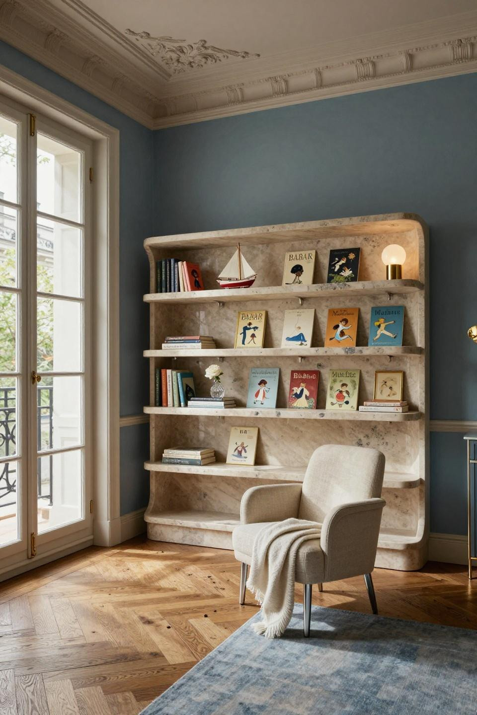 Nursery bookshelf with honed limestone floating shelves in Parisian apartment
