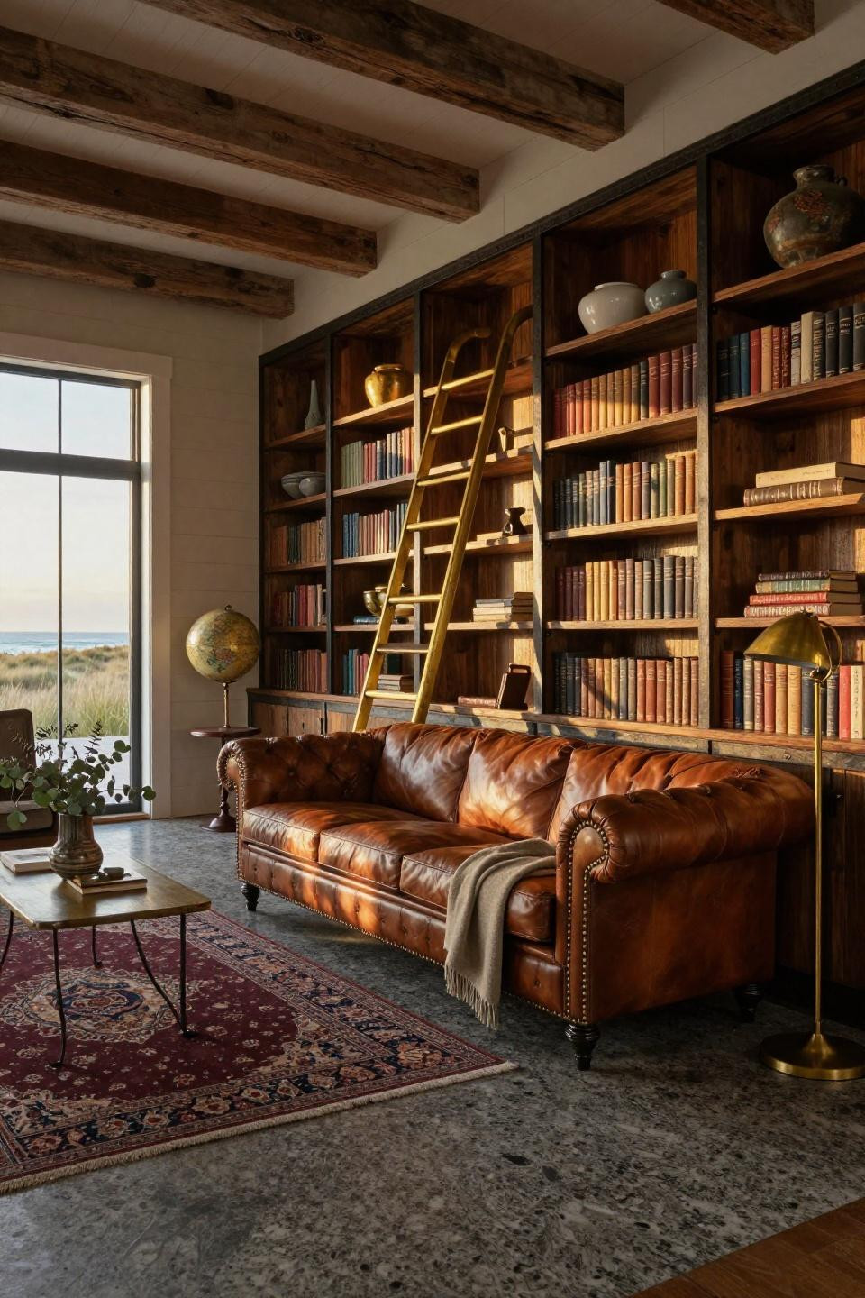 Book Shelves In Living Room with reclaimed mahogany and aged brass ladder