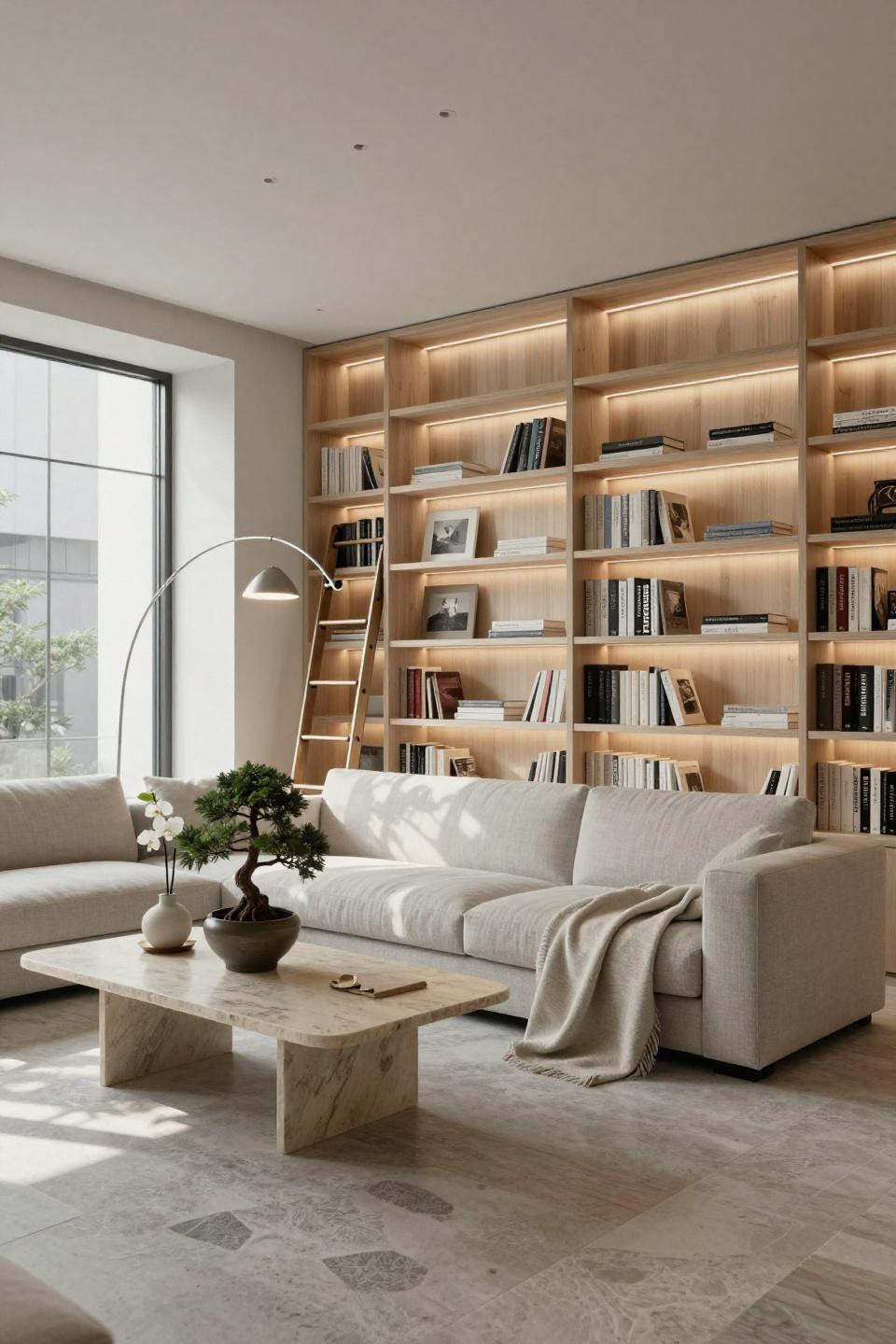 Cosy Living Room Ideas featuring bleached oak and brushed nickel ladder
