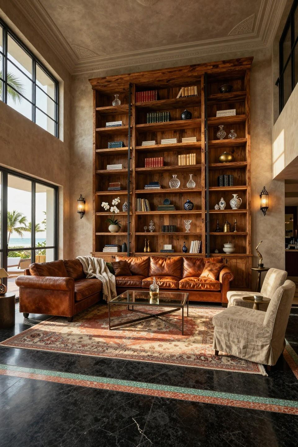 Earthy Living Room with reclaimed oak shelving and iron ladder system