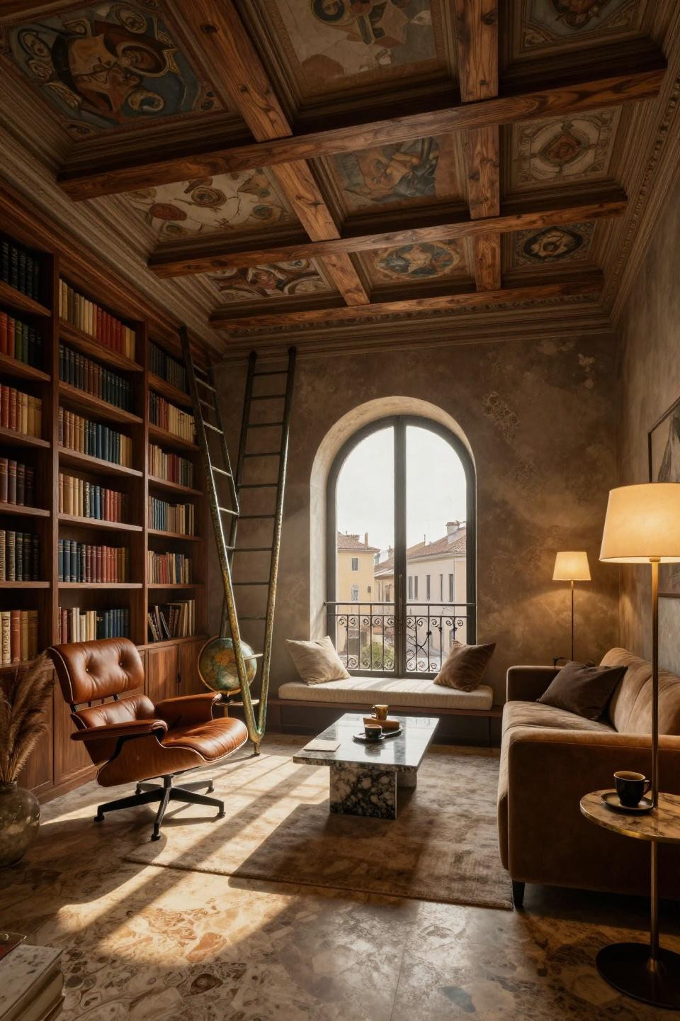 Scandinavian Living Room featuring reclaimed walnut and aged bronze ladder system
