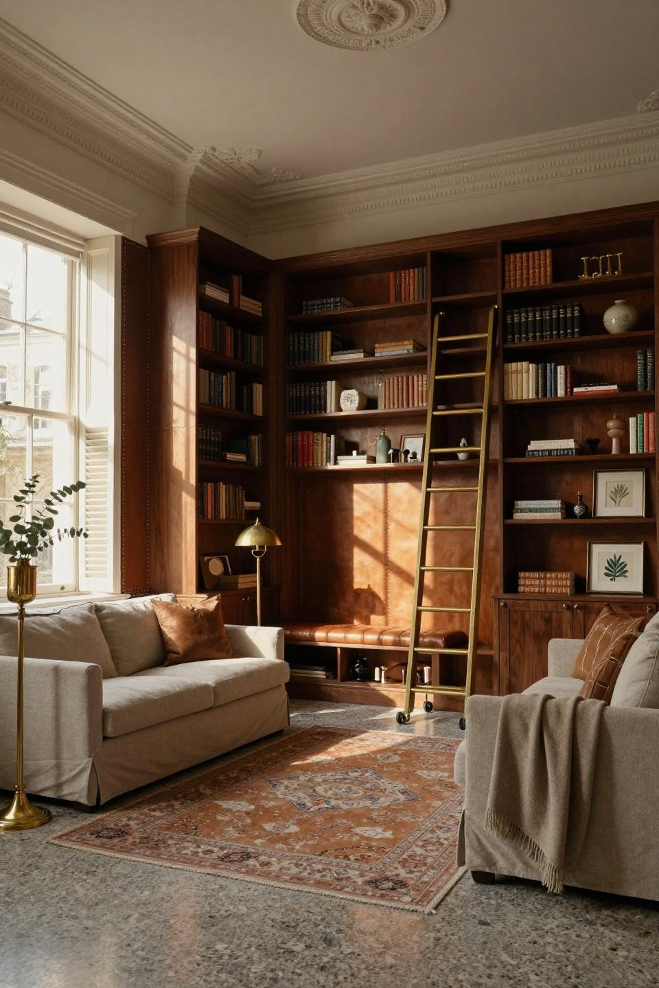 Aesthetic Living Room with Georgian walnut bookshelves and brass library ladder
