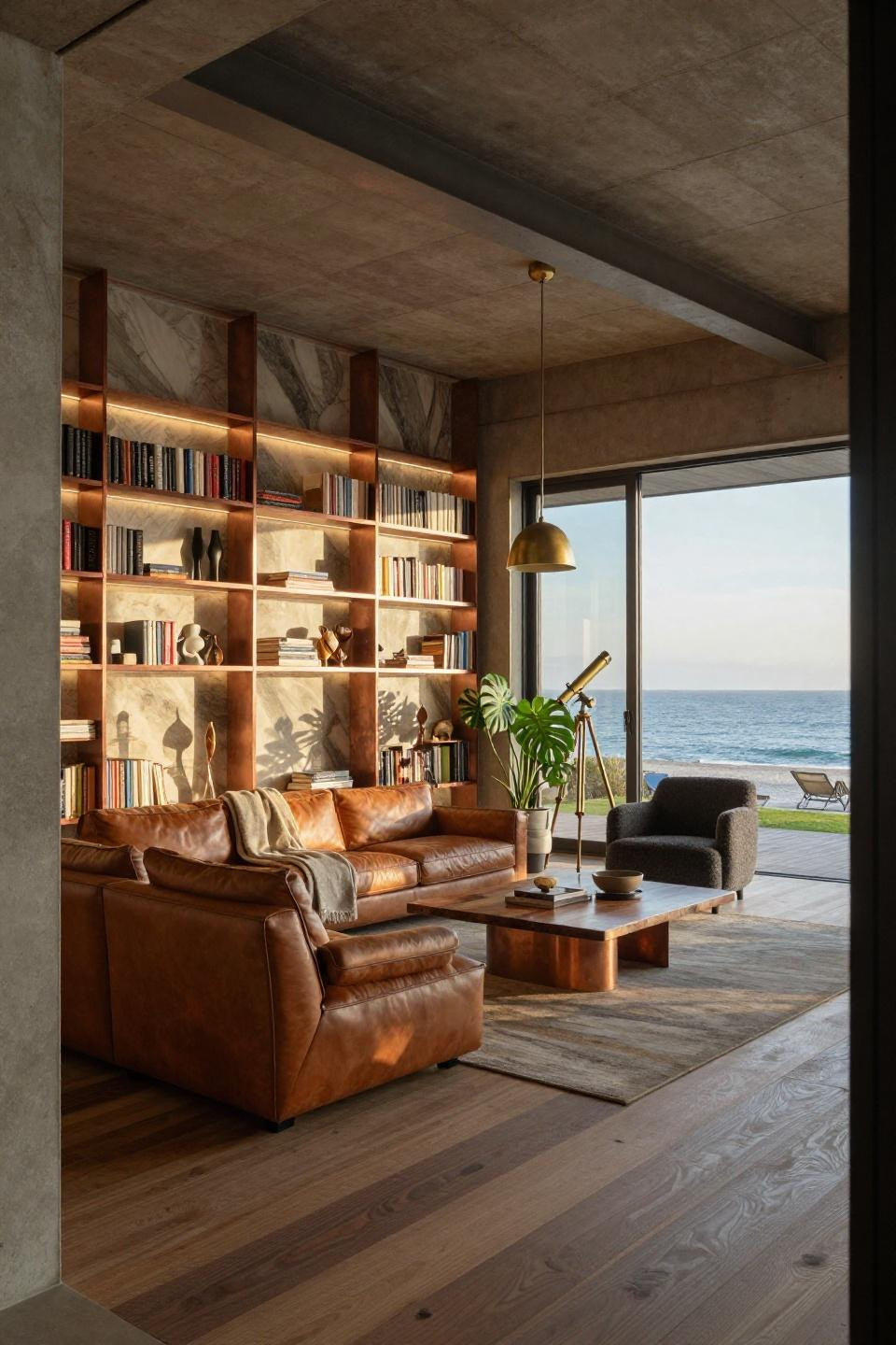 Bookshelf Inspiration with book-matched quartzite and aged copper framework