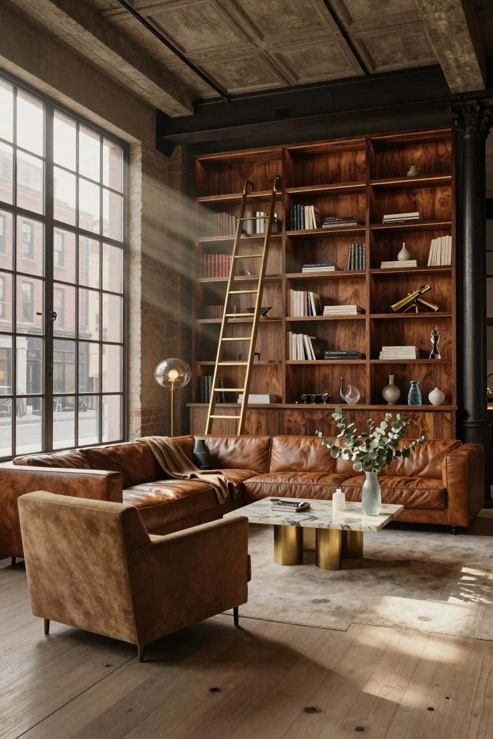 Cozy Home Office with floor-to-ceiling walnut burl and Poliform shelving