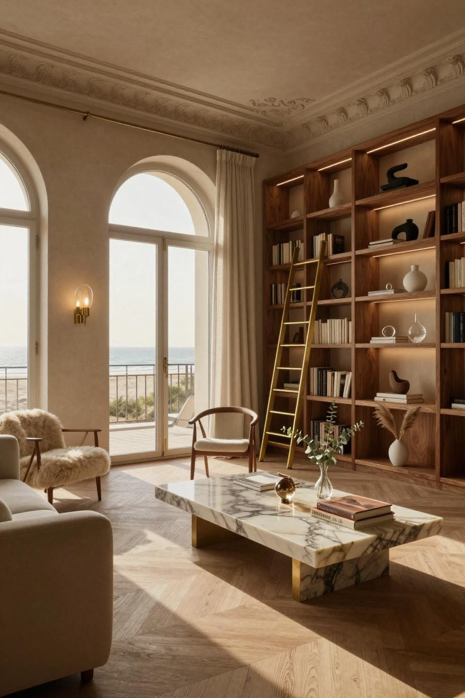 Bookshelves Inspiration featuring walnut burl and Calacatta Gold marble
