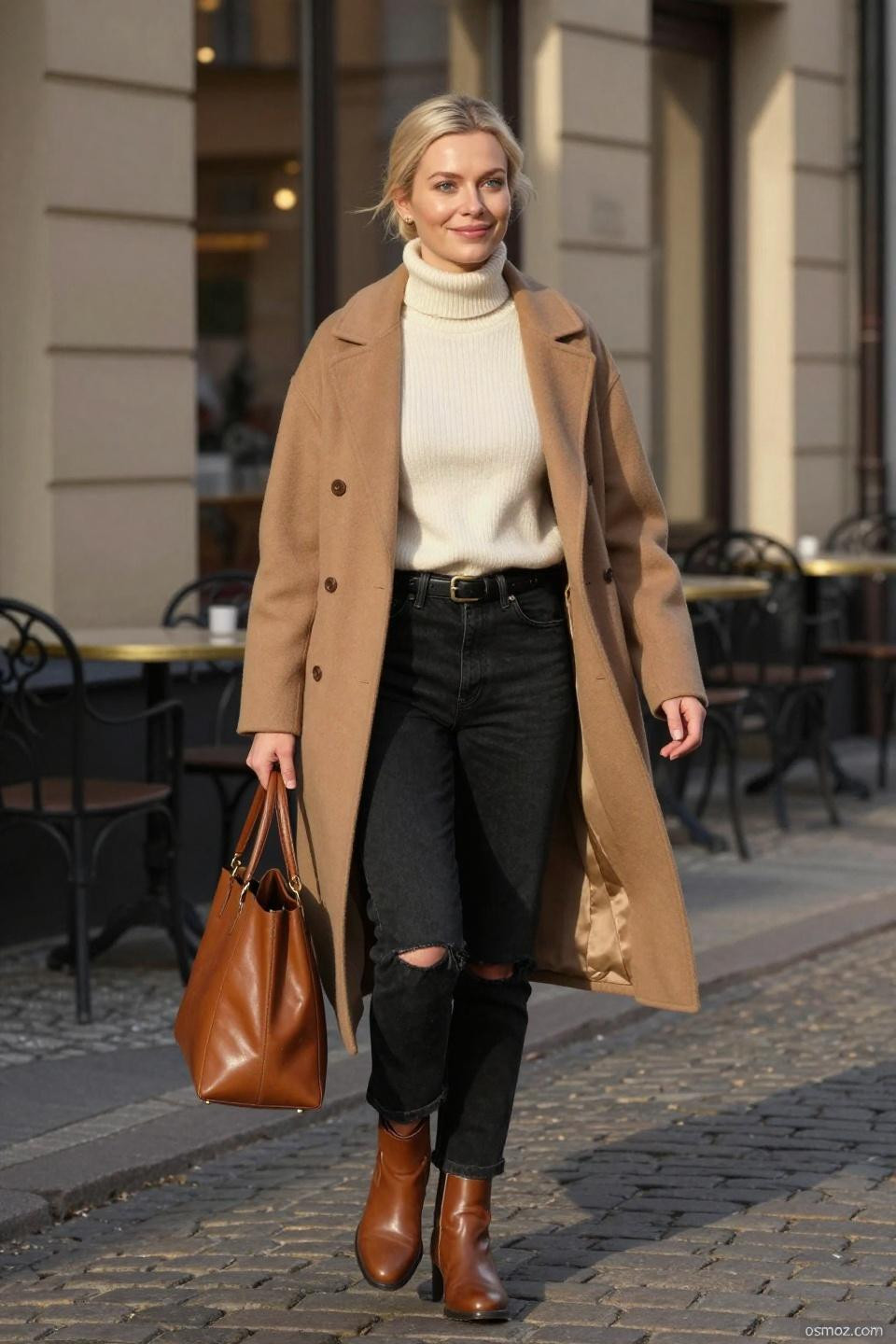 how to style black jeans with camel coat and cognac accessories