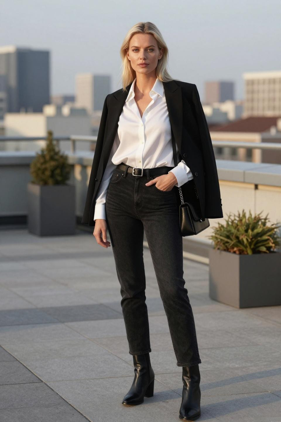 all black outfit with white button-down and silver accents
