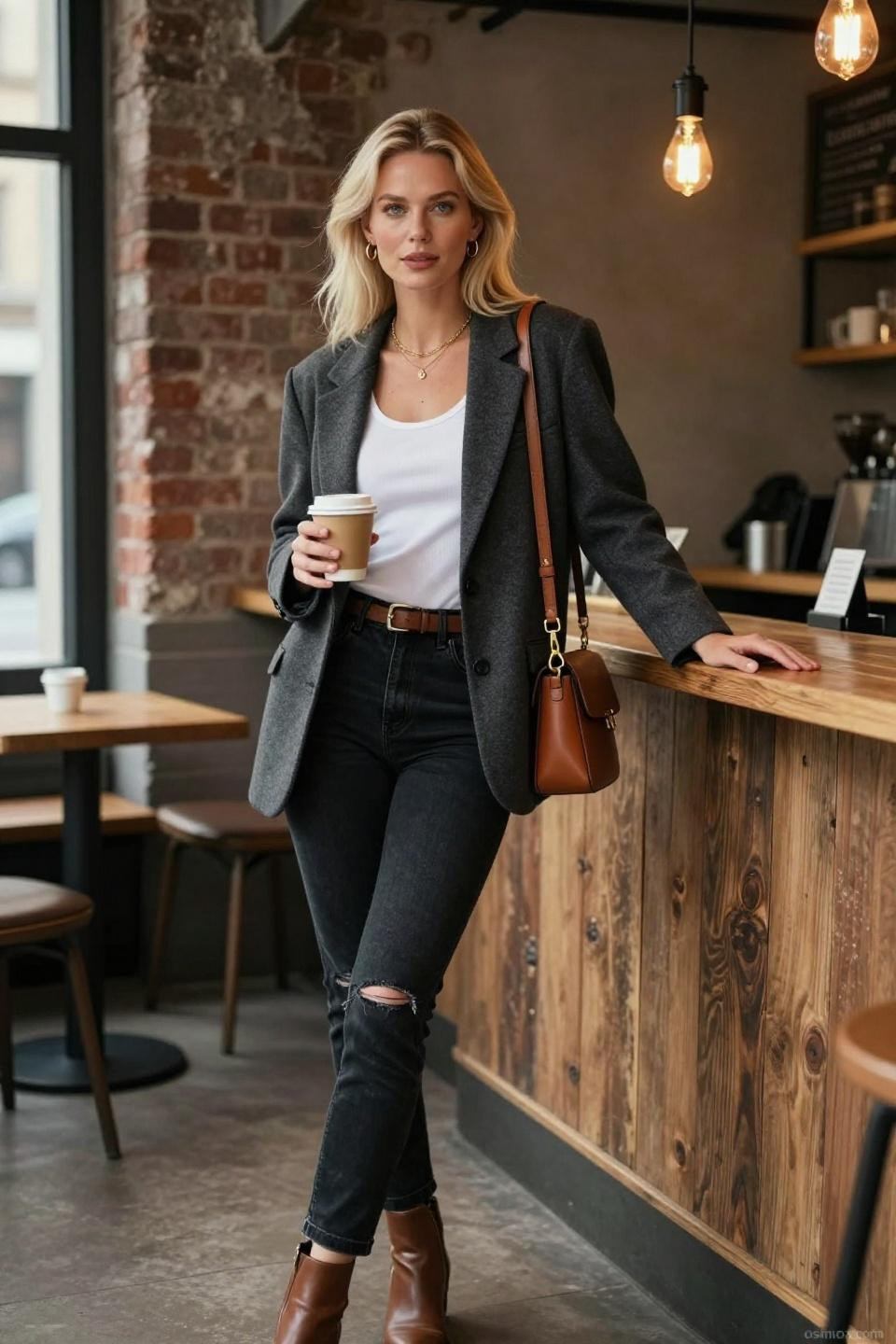 dark jeans outfit with charcoal blazer and white tank