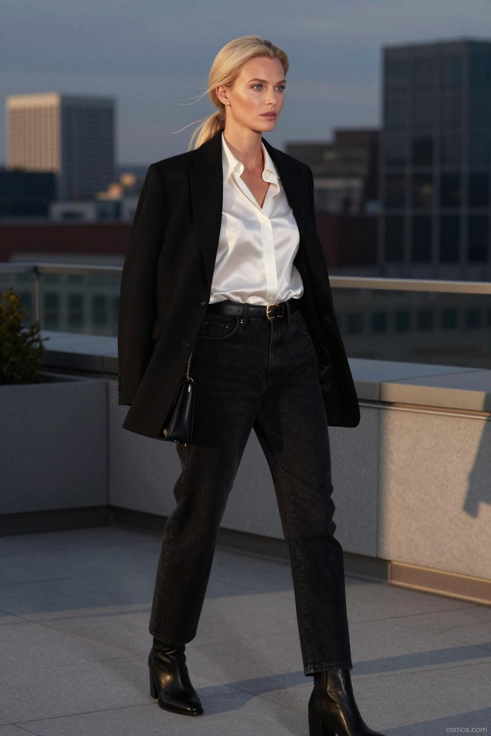 leather pants outfit with white silk shirt and gold hardware