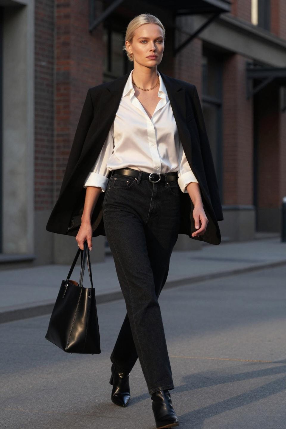 baggy jeans outfit with white silk shirt and structured blazer