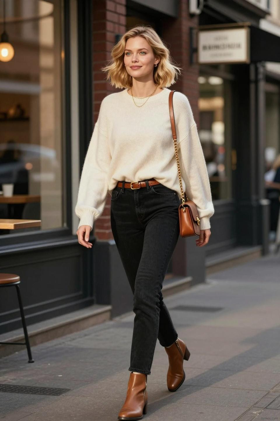 black pants outfits featuring ivory cashmere and cognac accessories