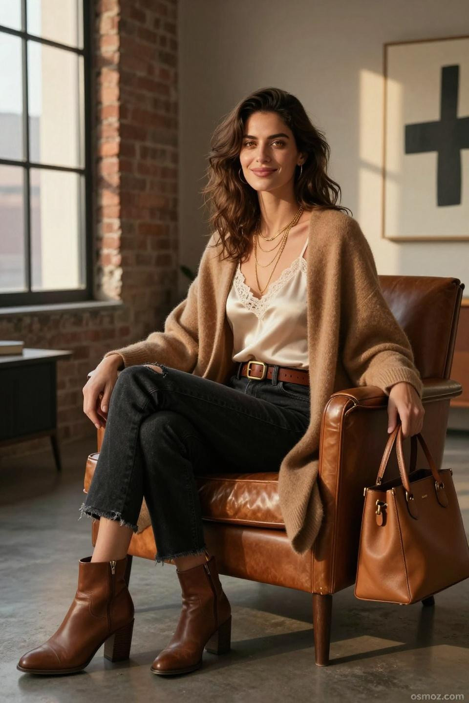 fits with black jeans featuring camel cardigan and gold jewelry