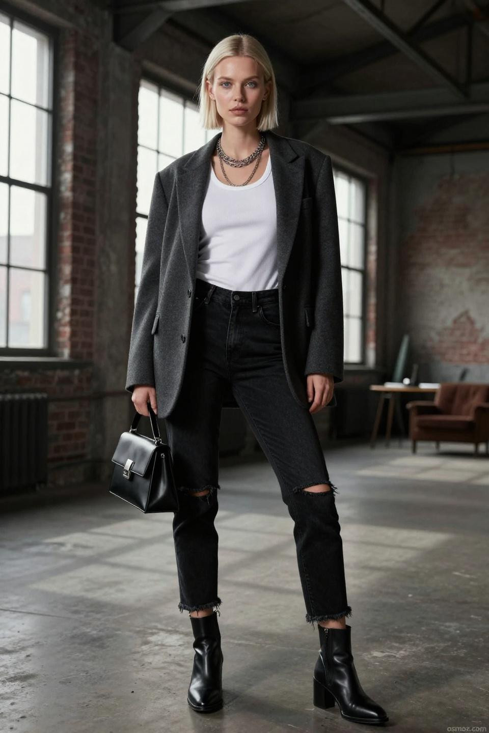 how to style black jeans with white tank and charcoal blazer
