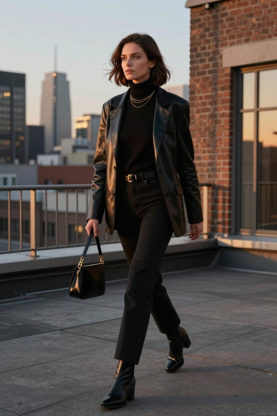 all black outfit with gold jewelry and leather blazer