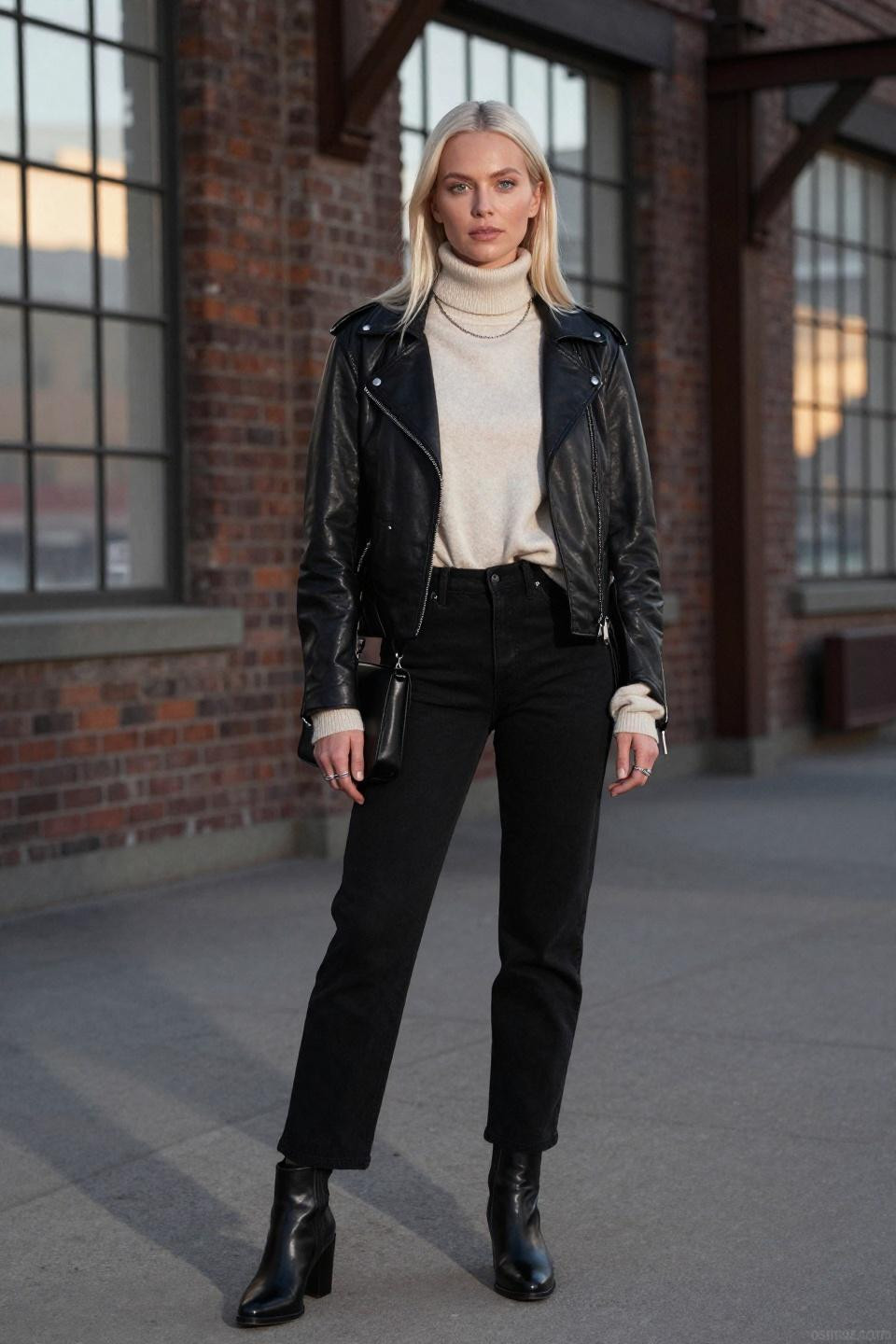 dark jeans outfit with cream cashmere turtleneck and moto jacket