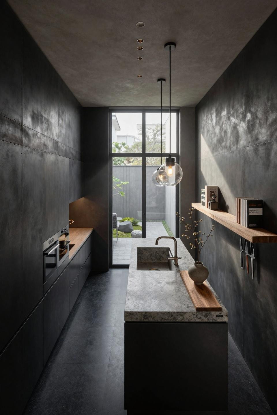Cozy kitchen with honed black granite and blackened steel