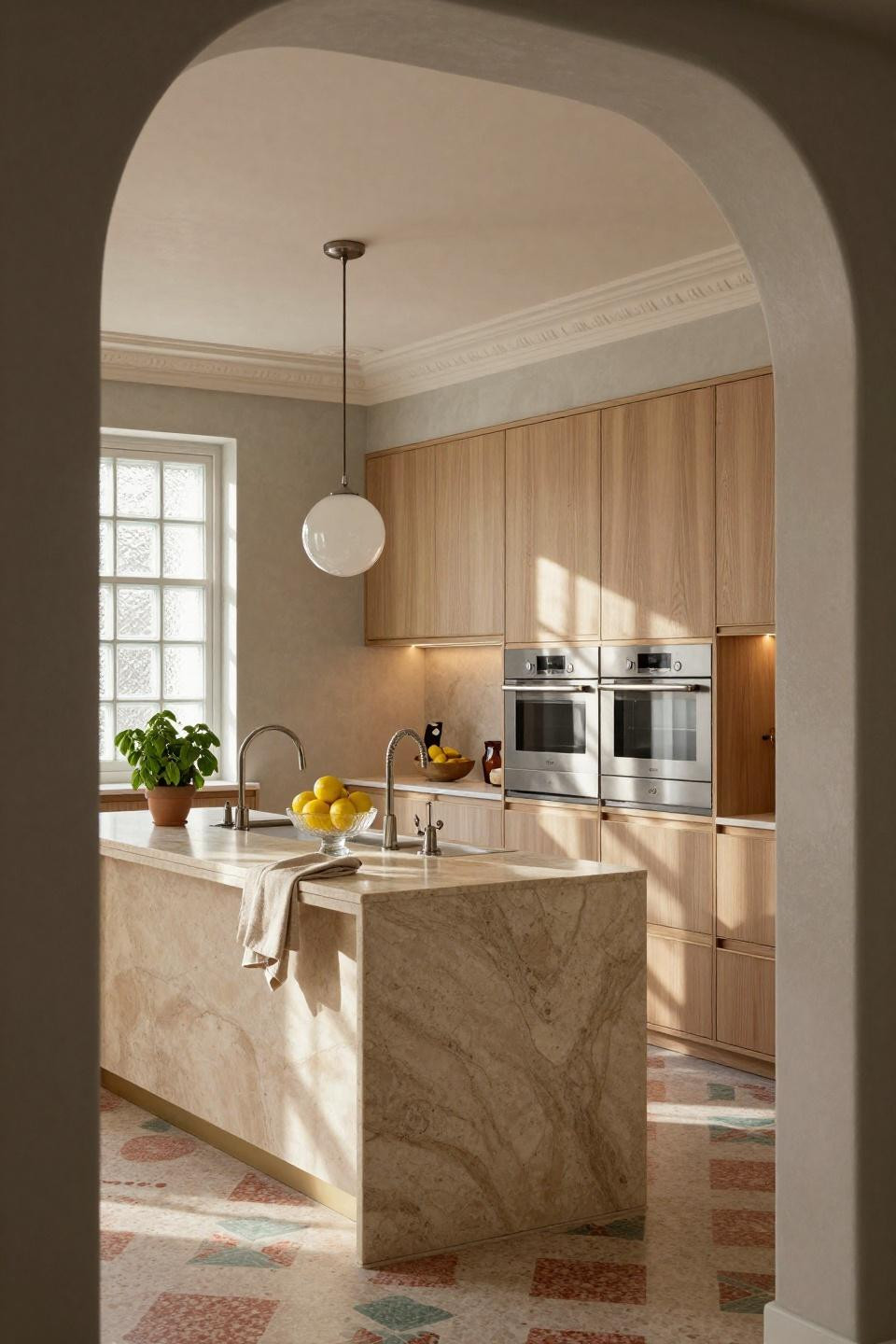Cozy kitchen with French limestone and cerused white oak